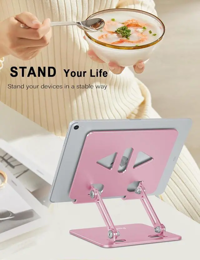 Alt view image 5 of 7 - Tablet Stand Holder for Desk Adjustable Desktop Tablet Holder Foldable Aluminum Tablet Mount for iPad pro 12.9 iPad Air Mini  Galaxy Tabs Z Fold Kindle Fire(4-13 inch) (Rose Gold)