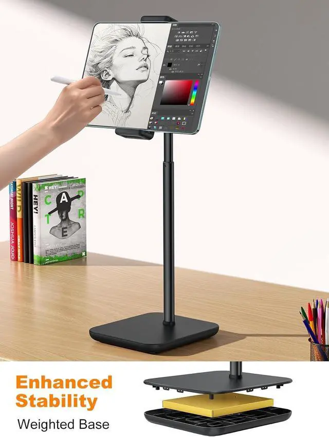 Alt view image 4 of 7 - Adjustable iPad Stand with 21 Height Extension 360° Swivel Tablet Holder for Desk Surface Pro Stand Portable Monitor Stand Compatibility with 4.7-15.6 Tablets and Smartphones Display - Black