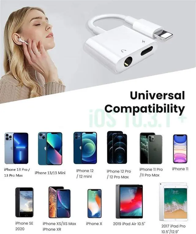 Alt view image 6 of 7 - 2 Pack Headphone Adapter for iPhone [MFi Certified] 2 in 1 Lightning to 3.5mm AUX Audio + Charger Dongle Splitter support for iPhone 14/13/12/11/XS/XR/X 8/iPad Support All iOS System