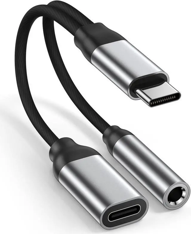Main image of USB C to 3.5mm Audio Adapter Aux to USB C Headphone and Charger Adapter 2-in-1 USB C Splitter with PD 60W Fast Charging Compatible with iPhone 15 Plus Pro Max Galaxy Note iPad Pro Pixel -Silver