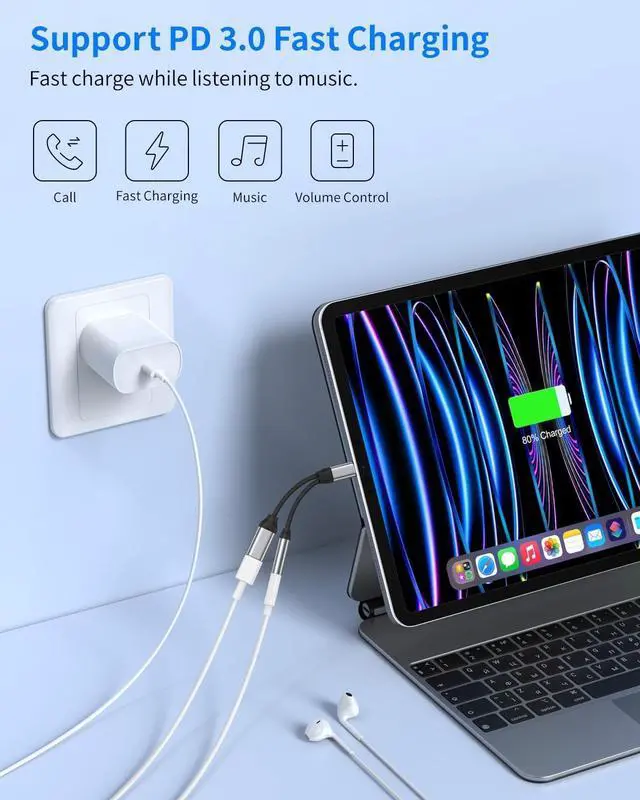 Alt view image 2 of 7 - USB C to 3.5mm Audio Adapter Aux to USB C Headphone and Charger Adapter 2-in-1 USB C Splitter with PD 60W Fast Charging Compatible with iPhone 15 Plus Pro Max Galaxy Note iPad Pro Pixel -Silver