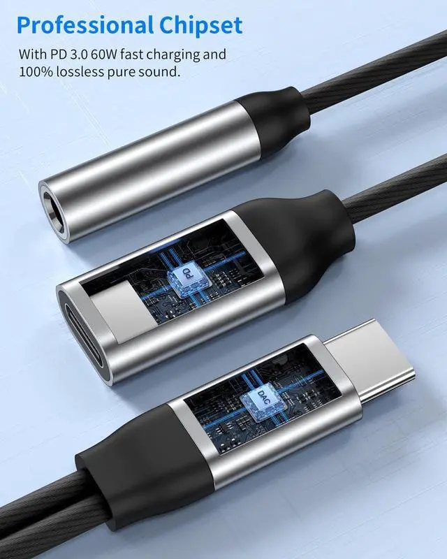 Alt view image 4 of 7 - USB C to 3.5mm Audio Adapter Aux to USB C Headphone and Charger Adapter 2-in-1 USB C Splitter with PD 60W Fast Charging Compatible with iPhone 15 Plus Pro Max Galaxy Note iPad Pro Pixel -Silver