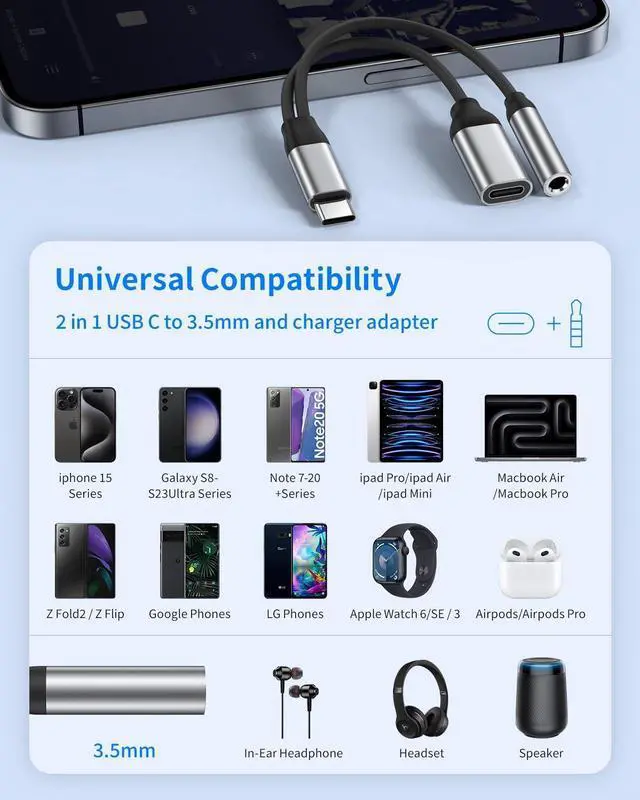Alt view image 6 of 7 - USB C to 3.5mm Audio Adapter Aux to USB C Headphone and Charger Adapter 2-in-1 USB C Splitter with PD 60W Fast Charging Compatible with iPhone 15 Plus Pro Max Galaxy Note iPad Pro Pixel -Silver