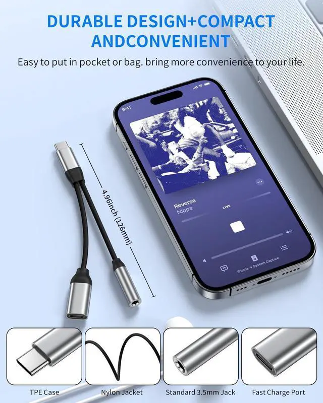 Alt view image 3 of 7 - USB C to 3.5mm Audio Adapter Aux to USB C Headphone and Charger Adapter 2-in-1 USB C Splitter with PD 60W Fast Charging Compatible with iPhone 15 Plus Pro Max Galaxy Note iPad Pro Pixel -Silver