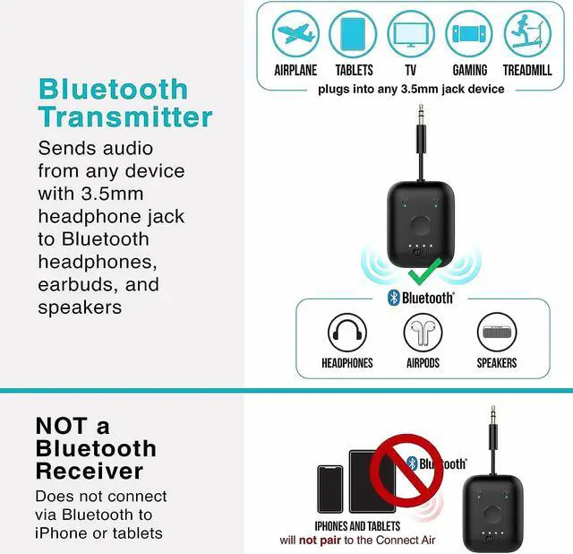 Alt view image 5 of 7 - Connect Air (2 PACK) in-Flight Bluetooth Wireless Audio Transmitter Adapter for up to 2 AirPods/Other Headphones; Works with All 3.5mm Aux Jacks on Airplanes, Gym, TVs, & Gaming, Black&White