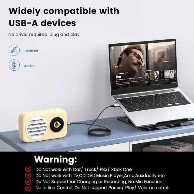 Alt view image 3 of 6 - USB to 3.5mm TRS Audio Jack Adapter USB Male to 3.5mm AUX Stereo Audio Cable Nylon Braided USB to AUX Converter for PC Laptop Windows Mac OSX HeadphonesDoes not Support in Vehicle