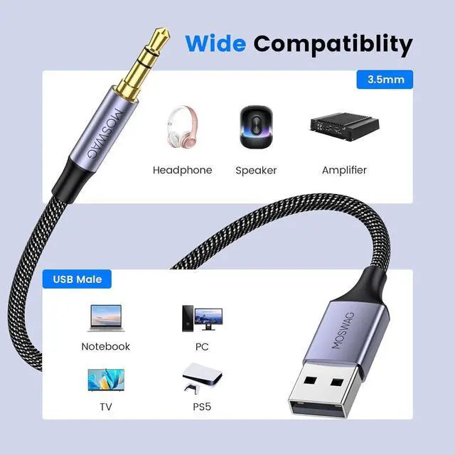 Alt view image 2 of 6 - USB to 3.5mm TRS Audio Jack Adapter USB Male to 3.5mm AUX Stereo Audio Cable Nylon Braided USB to AUX Converter for PC Laptop Windows Mac OSX HeadphonesDoes not Support in Vehicle