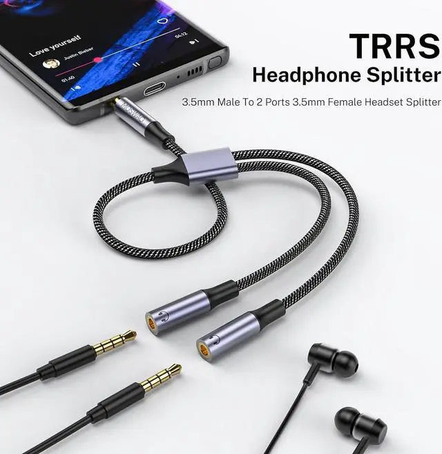 Alt view image 2 of 6 - Headphone Mic Splitter 3.5mm Headset Y Adapter 2 Female to 1 Male 3.5mm Jack Cable Mic Audio Splitter Headset Splitter Cable with Separate Audio Microphone JacksDual Headphone Splitter