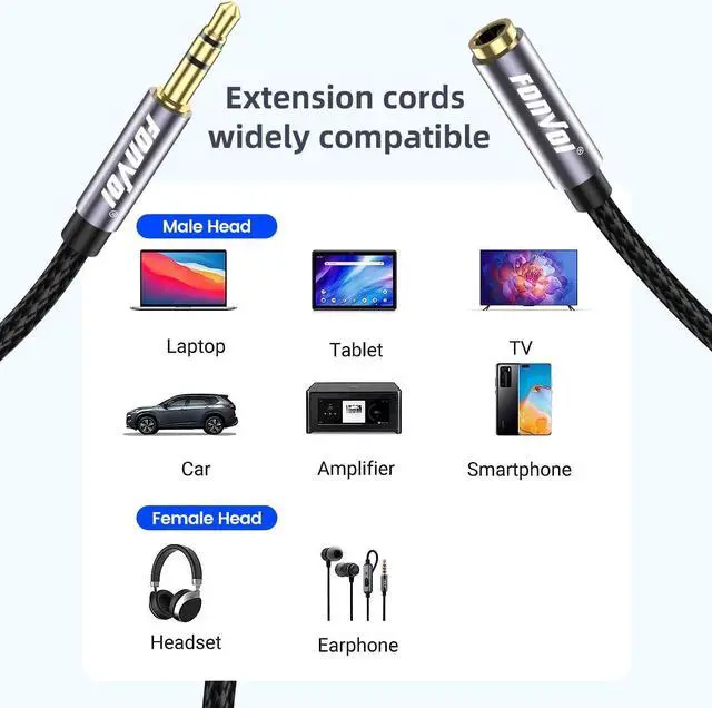 Alt view image 2 of 7 - 20FT 3.5mm Aux Jack Audio Extension Cable Male to Female TRS Headphone Extension Cable Compatible with Heaphone MP3 Players iPhone iPad Tablets Media Player