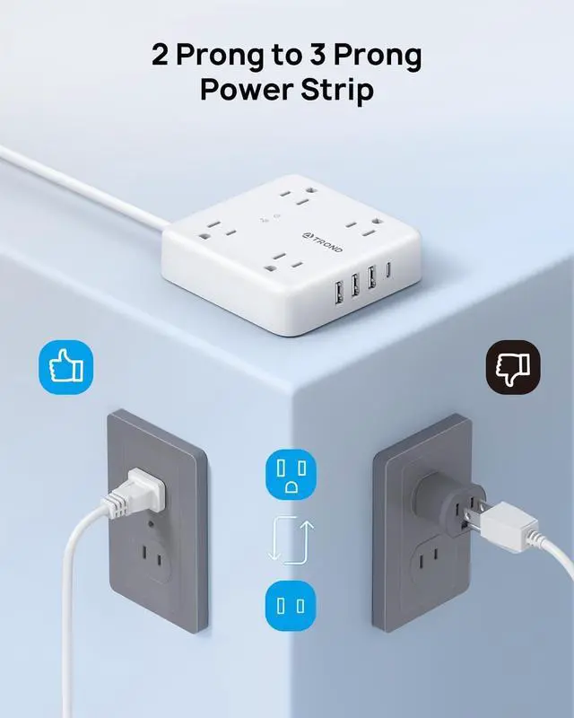 Alt view image 2 of 7 - TROND 2 Prong Power Strip: 1440J Surge Protector, 5ft Extension Cord with Multiple AC Outlets & USB Ports, Wall Mount Adapter for Non-Grounded Plug, White