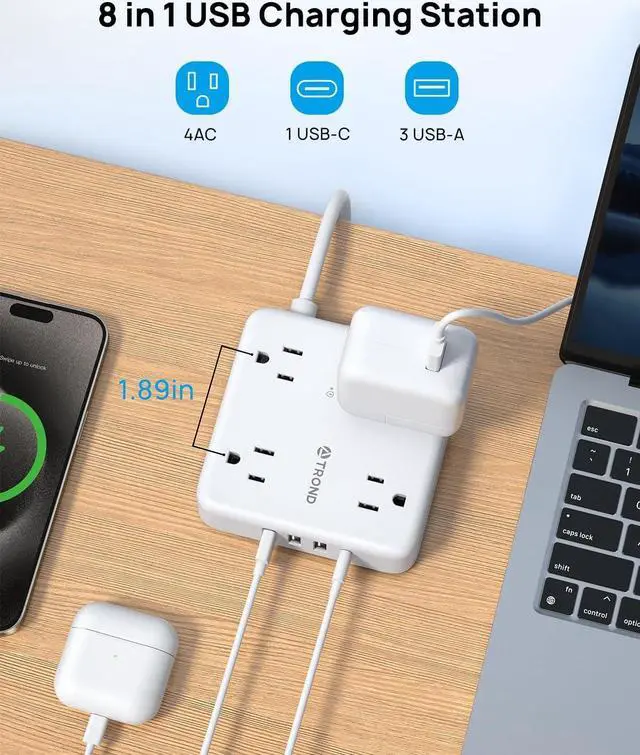 Alt view image 3 of 7 - TROND 2 Prong Power Strip: 1440J Surge Protector, 5ft Extension Cord with Multiple AC Outlets & USB Ports, Wall Mount Adapter for Non-Grounded Plug, White