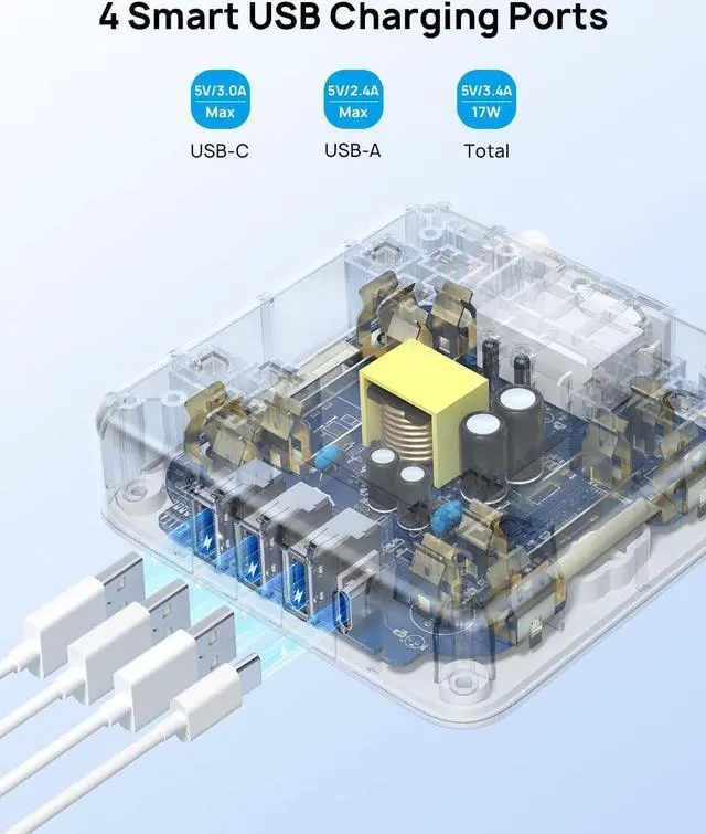 Alt view image 4 of 7 - TROND 2 Prong Power Strip: 1440J Surge Protector, 5ft Extension Cord with Multiple AC Outlets & USB Ports, Wall Mount Adapter for Non-Grounded Plug, White