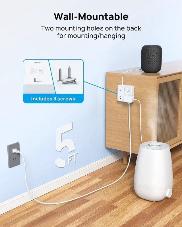 Alt view image 5 of 7 - TROND 2 Prong Power Strip: 1440J Surge Protector, 5ft Extension Cord with Multiple AC Outlets & USB Ports, Wall Mount Adapter for Non-Grounded Plug, White