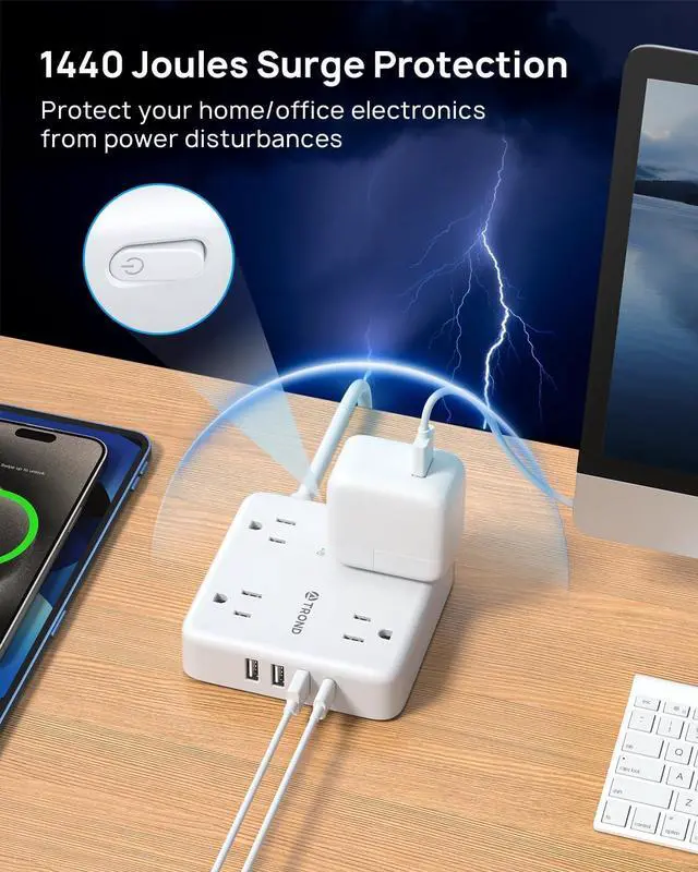 Alt view image 6 of 7 - TROND 2 Prong Power Strip: 1440J Surge Protector, 5ft Extension Cord with Multiple AC Outlets & USB Ports, Wall Mount Adapter for Non-Grounded Plug, White