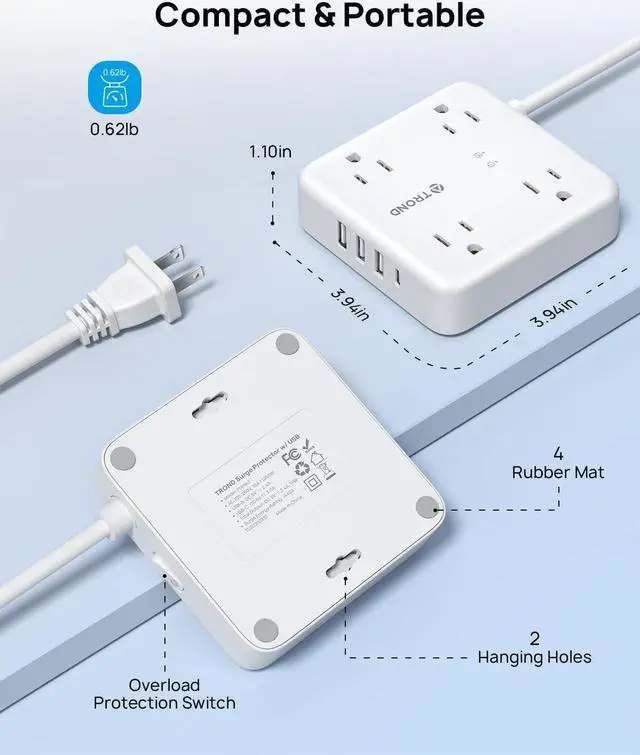 Alt view image 7 of 7 - TROND 2 Prong Power Strip: 1440J Surge Protector, 5ft Extension Cord with Multiple AC Outlets & USB Ports, Wall Mount Adapter for Non-Grounded Plug, White
