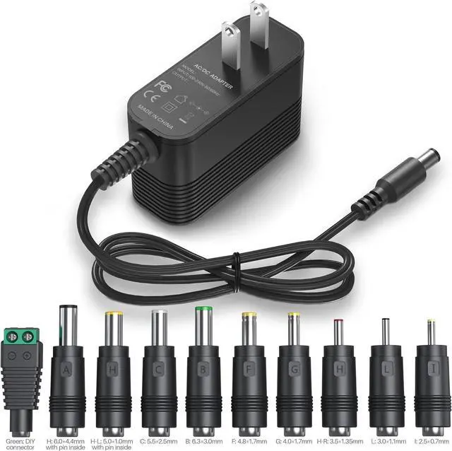 Main image of 12V Power Supply AC Adapter 12 Volt Charger Universal Power Adapter for DC in 12V Power Cord with 10 Interchangeable Jacks for 1000mA 900mA 800mA 700mA 600mA 500mA 400mA 300mA 200mA 100mA Electronic