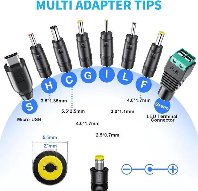 Alt view image 3 of 7 - 12V Power Supply Universal AC DC Adapter Charger with Adjustable Output 5V 9V 3V 6V 4.5V 7.5V 12 Volt 1A 1.5A 2A for LED Strip Light CCTV Camera BT Speaker GPS Webcam Router 5 FT Cord 30W