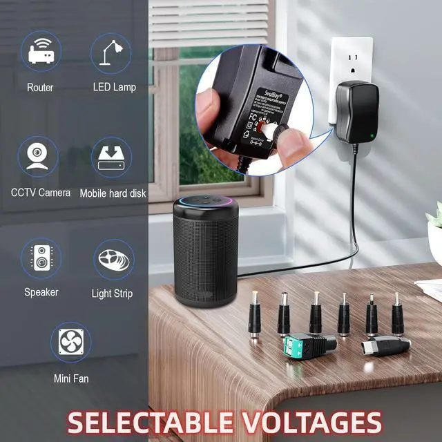 Alt view image 4 of 7 - 12V Power Supply Universal AC DC Adapter Charger with Adjustable Output 5V 9V 3V 6V 4.5V 7.5V 12 Volt 1A 1.5A 2A for LED Strip Light CCTV Camera BT Speaker GPS Webcam Router 5 FT Cord 30W