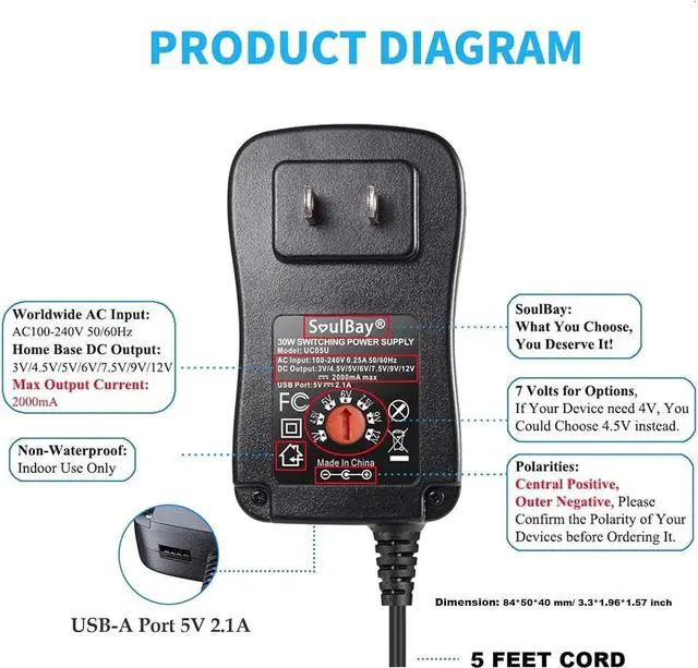 Alt view image 5 of 7 - 12V Power Supply Universal AC DC Adapter Charger with Adjustable Output 5V 9V 3V 6V 4.5V 7.5V 12 Volt 1A 1.5A 2A for LED Strip Light CCTV Camera BT Speaker GPS Webcam Router 5 FT Cord 30W