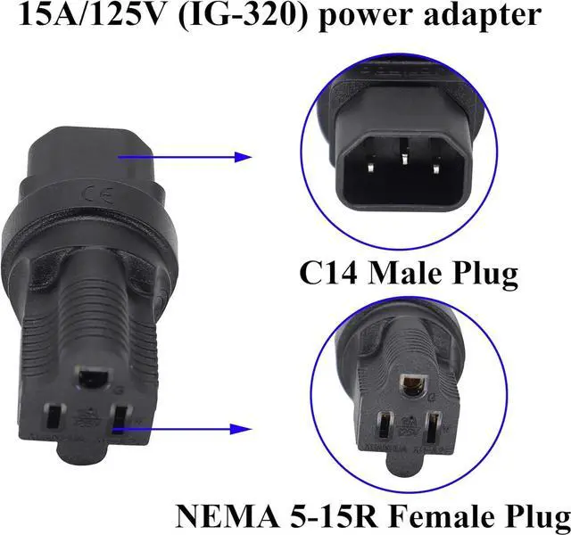 Alt view image 3 of 7 - 3 Prong USA C14 to NEMA 5-15R Plug Power Adapter for Standard Computer Power Adapter 15A/125V (IG-320) (NEMA 5-15R to IEC 60320-C14)(2 Pack)