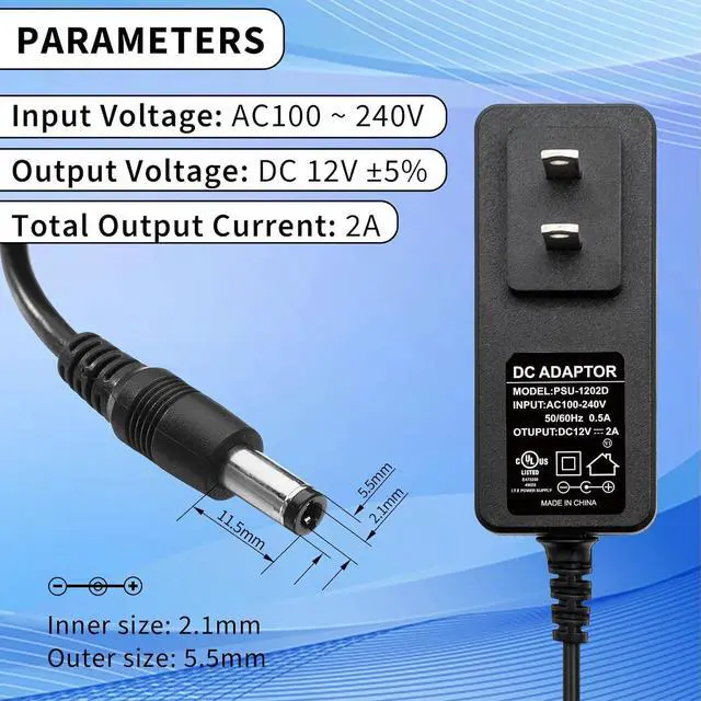 Alt view image 3 of 7 - Real 12V 2A+ AC Adapter  120V to 12V, w/4ft Cord, 5.5x2.1mm Barrel Plug and 9 Tips for CCTV Cameras, Routers & More, UL-Listed for Safety & Reliability