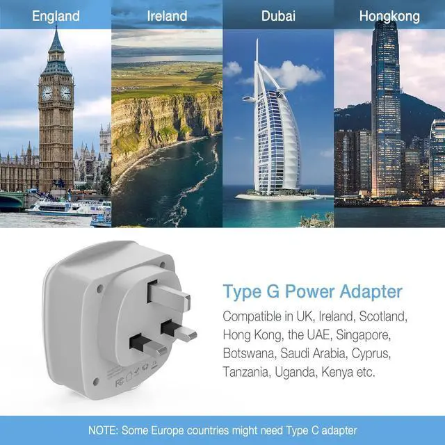 Alt view image 2 of 6 - UK Ireland Travel Plug Adapter, TESSAN Type G Power Adaptor with 2 USB Charger Ports 2 American Outlets, US to Scotland London England British Irish Kenya Dubai Qatar