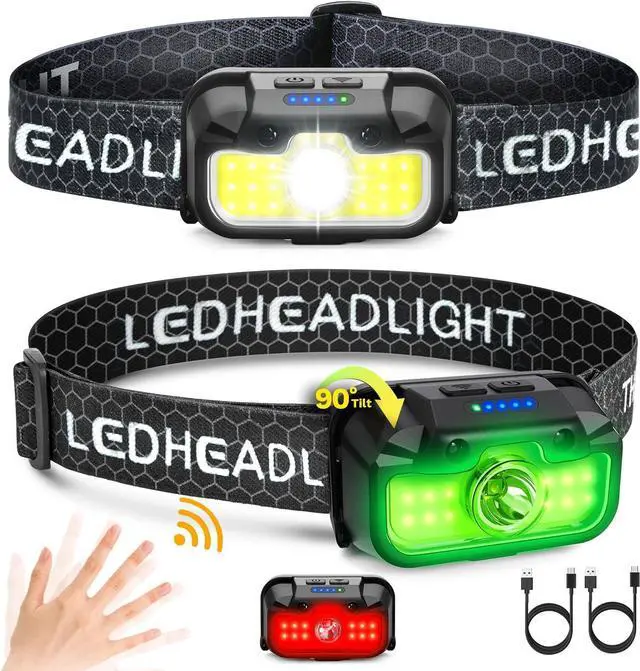 Main image of Headlamp Rechargeable 2 Pack 1300 Lumen Lightweight Bright with White Green Red Headlamp Flashlight Waterproof Motion Sensor Head Lamp 14 Modes for Outdoor Camping Running Cycling
