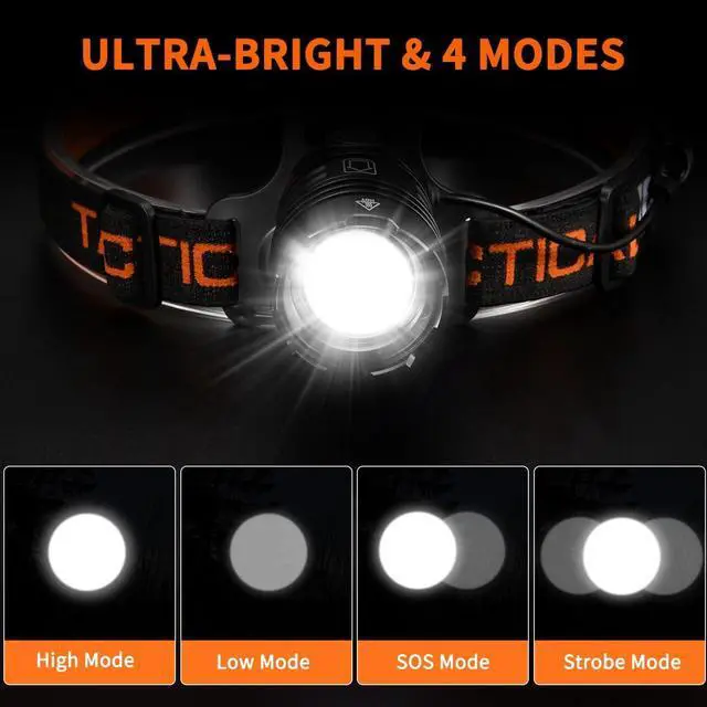 Alt view image 2 of 6 - Headlamp Rechargeable 2Pack 150000LM Bright Head Lamp Adjustable Focus Headlight Outdoor 4Mode Head Lights for Forehead 90° LED Headlamp Waterproof Headlamps for Adults Camping Hiking Hard Hat