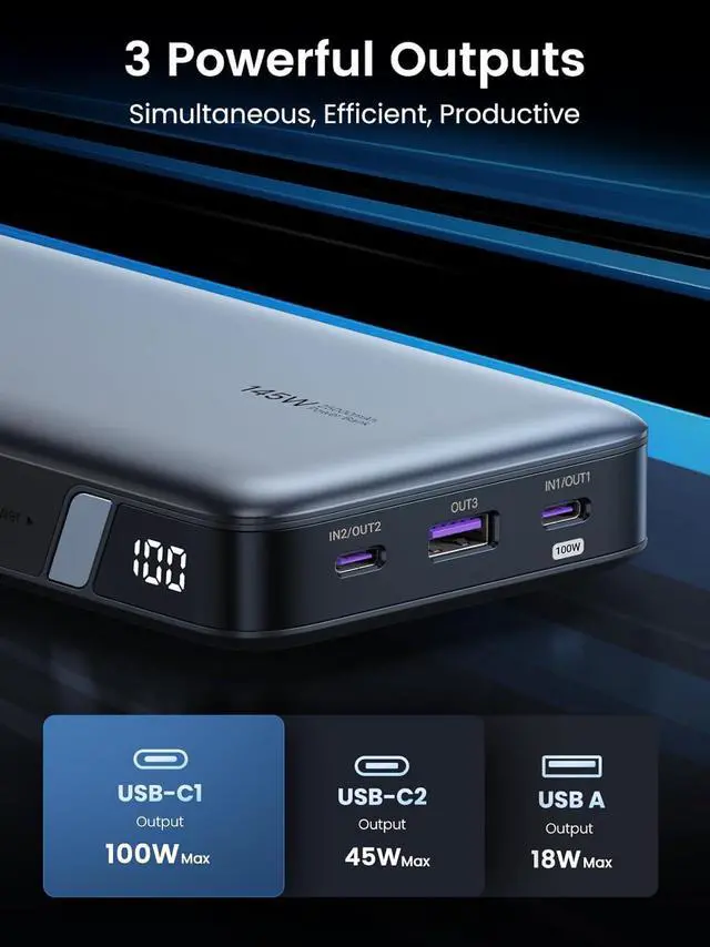 Alt view image 3 of 7 - Power Bank 25 000mAh 145W Laptop Portable Charger Nexode 3-Port USB C PD Battery Pack for MacBook Pro/Air  XPS iPhone 16/15/14 Galaxy S24 Steam Deck iPad and More