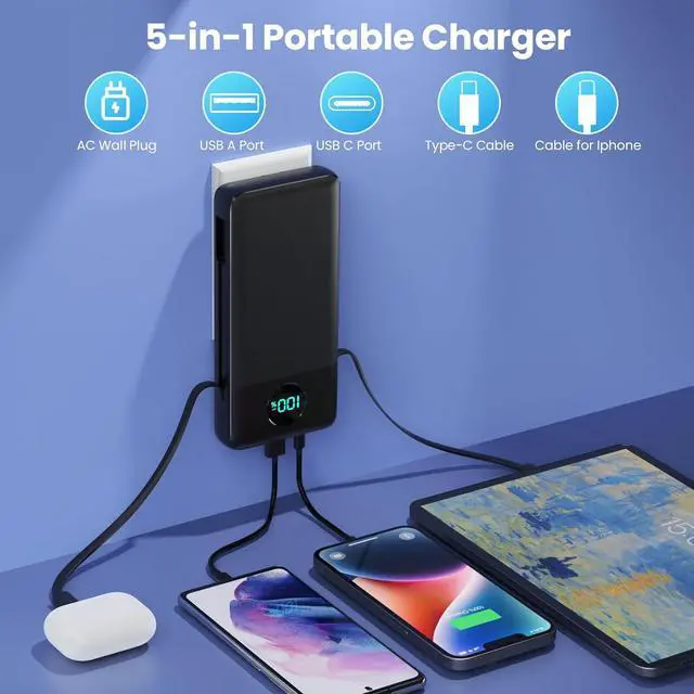 Alt view image 3 of 7 - Portable Charger 33800mAh USB C Power Bank with Built-in Cables & AC Wall Plug 25W Fast Charging+QC 4.0 Phone Charger 4 Output LCD Display Battery Pack Compatible with iPhone16/15  Android etc