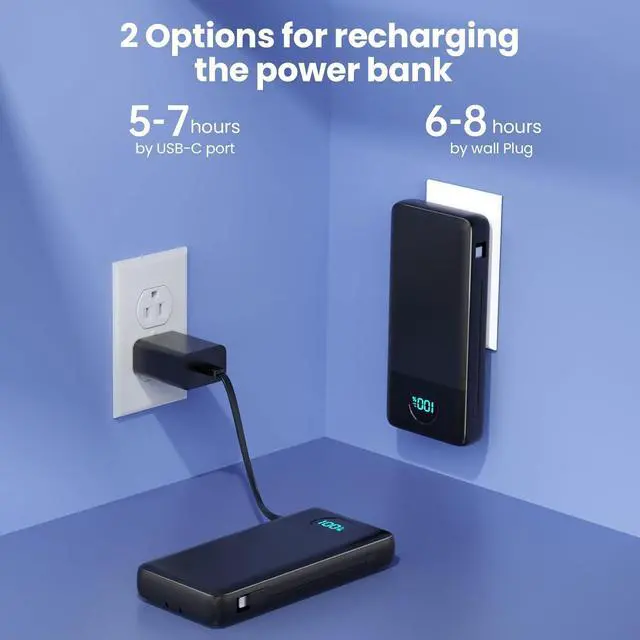 Alt view image 4 of 7 - Portable Charger 33800mAh USB C Power Bank with Built-in Cables & AC Wall Plug 25W Fast Charging+QC 4.0 Phone Charger 4 Output LCD Display Battery Pack Compatible with iPhone16/15  Android etc