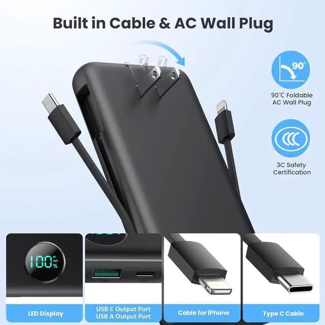 Alt view image 5 of 7 - Portable Charger 33800mAh USB C Power Bank with Built-in Cables & AC Wall Plug 25W Fast Charging+QC 4.0 Phone Charger 4 Output LCD Display Battery Pack Compatible with iPhone16/15  Android etc