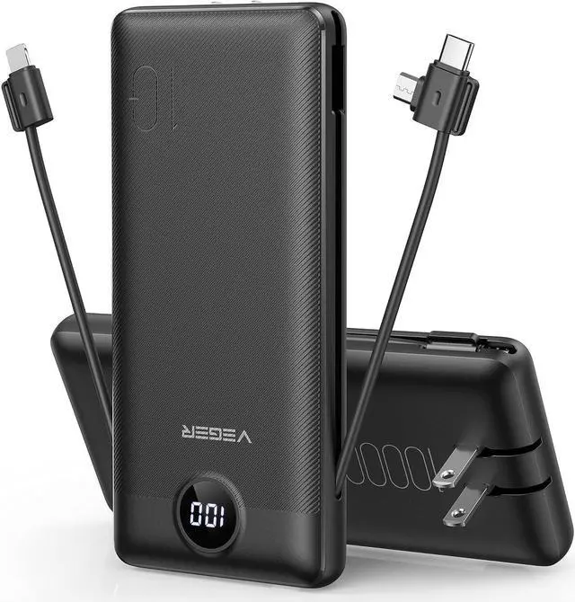 Main image of Portable Charger for iPhone Built in Cables and Wall Plug 10000mah Slim Fast Charging USB C Power Bank Travel Essential Battery Pack Compatible with iPhones iPad  More Devices(Black)