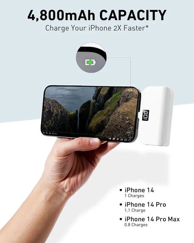 Alt view image 3 of 7 - Mini Portable Charger for iPhone with Built in Cable 4 800mAh Small Power Bank Fast Charging Compatible with 14/14 Pro Max/13/13 Pro Max/12/12 Pro Max/11/XR/X/8/7/6 Series Black