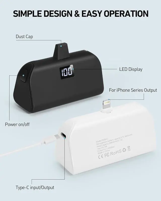 Alt view image 5 of 7 - Mini Portable Charger for iPhone with Built in Cable 4 800mAh Small Power Bank Fast Charging Compatible with 14/14 Pro Max/13/13 Pro Max/12/12 Pro Max/11/XR/X/8/7/6 Series Black