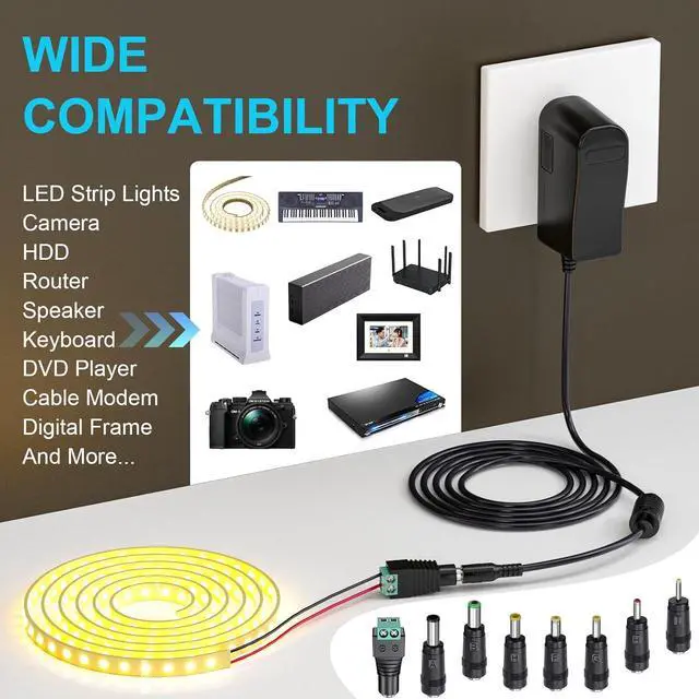 Alt view image 2 of 7 - 12V 2A Power Supply Regulated 12 Volt DC Power Adapter with 8 Tips DC12V 0-2000mA Charger Transformer Replacement 8.2FT Cord