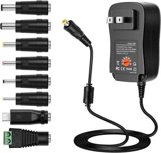 Main image of AC DC Adapter Power Supply Universal Switching Charger [3V ~ 12V 2A 2000mA 30W Max] with 8 Selectable Tips Plug Including Micro USB for 3V to 12V Household Electronics and LED Strip