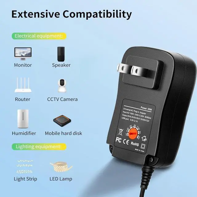 Alt view image 4 of 7 - AC DC Adapter Power Supply Universal Switching Charger [3V ~ 12V 2A 2000mA 30W Max] with 8 Selectable Tips Plug Including Micro USB for 3V to 12V Household Electronics and LED Strip