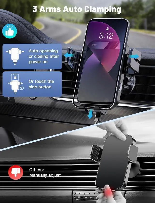 Alt view image 3 of 6 - Wireless Car Charger Auto-Clamping Car Mount 15W/10W/7.5W Fast Charging Air Vent Car Phone Mount Compatible with iPhone 15/14/13/13 Pro/12 Pro Max/12 pro/12/11/10 Series  Galaxy Series