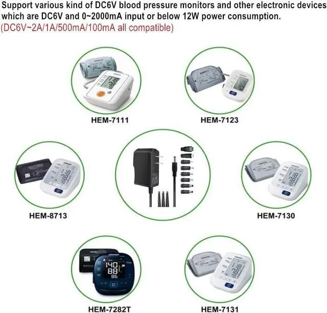 Alt view image 7 of 7 - Universal AC Adapter 6V 2A Power Supply with 8 DC Plug Tips AC110V to DC6V Power Driver for Digital Blood Pressure Monitor 6v Charger Transformer AC DC Adapter (DC6V-2A)