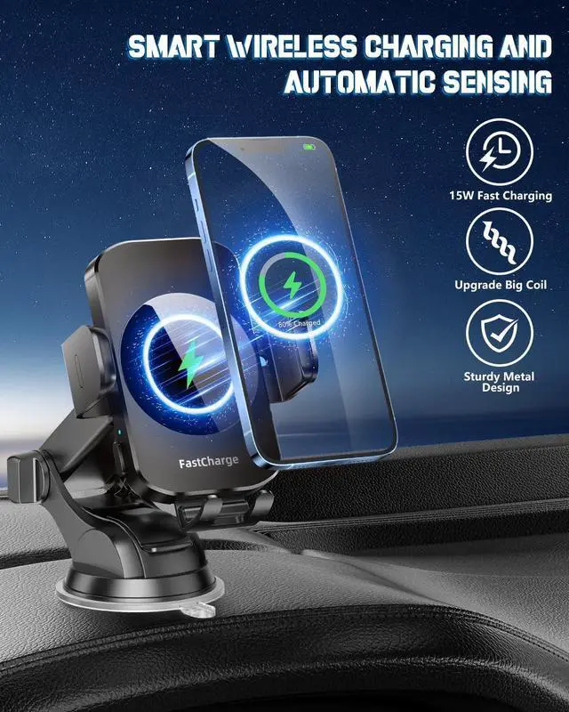 Alt view image 2 of 7 - Wireless Car Charger Fast Charging Phone Holder 3 in 1 Phone Mount Auto Clamping Car Accessories Compatible with iPhone 16 15 14 13 12 11 Xs XR  S23 Ultra S22 S21 S20/S10+ S9+ Note 9