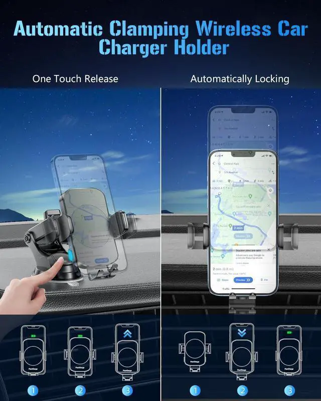 Alt view image 4 of 7 - Wireless Car Charger Fast Charging Phone Holder 3 in 1 Phone Mount Auto Clamping Car Accessories Compatible with iPhone 16 15 14 13 12 11 Xs XR  S23 Ultra S22 S21 S20/S10+ S9+ Note 9