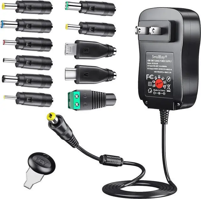 Main image of SoulBay 48W Universal AC Adapter DC 5V 6V 7.5V 9V 12V 15V 19V 20V Switching Power Supply 100-240VAC Input US Plug Transformer with 11 Tips for Household Electronics, USB-C & 5.5 * 2.1mm Included