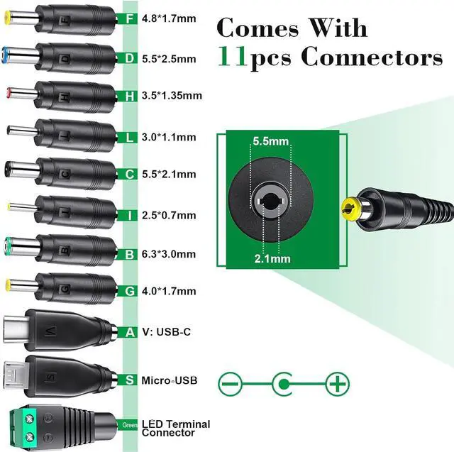 Alt view image 3 of 7 - SoulBay 48W Universal AC Adapter DC 5V 6V 7.5V 9V 12V 15V 19V 20V Switching Power Supply 100-240VAC Input US Plug Transformer with 11 Tips for Household Electronics, USB-C & 5.5 * 2.1mm Included