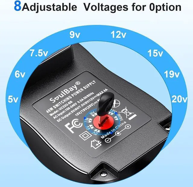 Alt view image 5 of 7 - SoulBay 48W Universal AC Adapter DC 5V 6V 7.5V 9V 12V 15V 19V 20V Switching Power Supply 100-240VAC Input US Plug Transformer with 11 Tips for Household Electronics, USB-C & 5.5 * 2.1mm Included