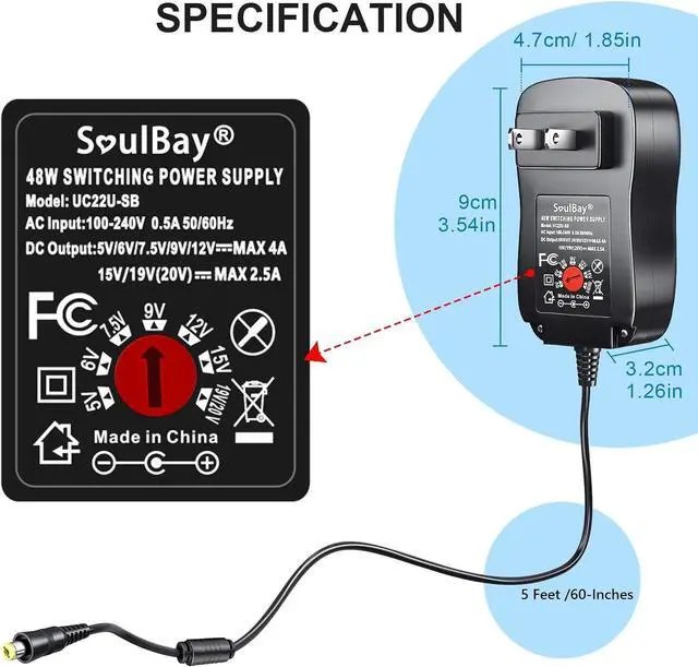 Alt view image 7 of 7 - SoulBay 48W Universal AC Adapter DC 5V 6V 7.5V 9V 12V 15V 19V 20V Switching Power Supply 100-240VAC Input US Plug Transformer with 11 Tips for Household Electronics, USB-C & 5.5 * 2.1mm Included