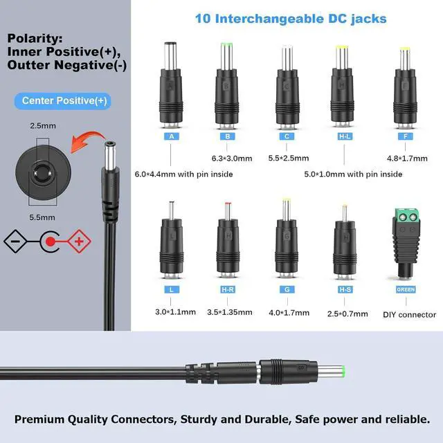 Alt view image 4 of 7 - 9V 1A 0.8A 0.5A Charger 9.0V 1.0A AC Adapter 9W Switching Power Supply DC 9V 1000mA 800mA 600mA 500mA 300mA Adaptor Regulated Transformer Cord with 10 Interchangeable Jacks Plug UL Listed