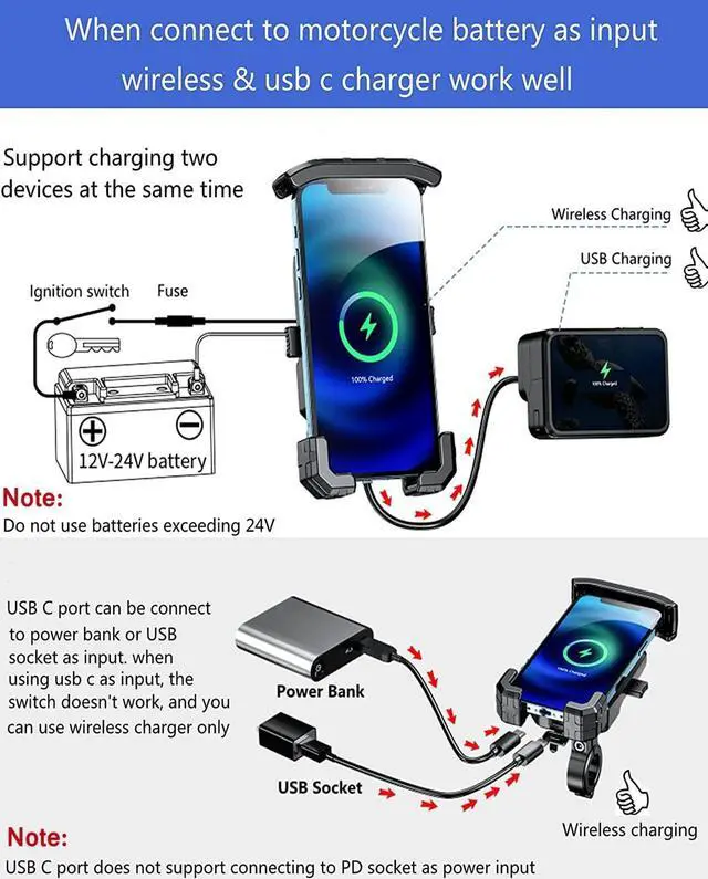 Alt view image 2 of 6 - KEWIG Waterproof Motorcycle Phone Mount Qi 15W Wireless & USB C 20W Fast Chargeing Port Automatically Lock & Quick Release Handlebar Cell Phone Holder for 4-7 Phones