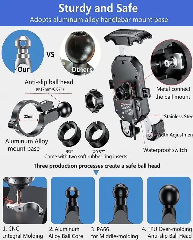 Alt view image 4 of 6 - KEWIG Waterproof Motorcycle Phone Mount Qi 15W Wireless & USB C 20W Fast Chargeing Port Automatically Lock & Quick Release Handlebar Cell Phone Holder for 4-7 Phones