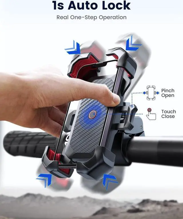 Alt view image 2 of 7 - Motorcycle Phone Mount [1s Auto Lock][100mph Military Anti-Shake] Bike Phone Holder for Bicycle [10s Quick Install] Handlebar Phone Mount Compatible with iPhone Samsung All Cell Phone